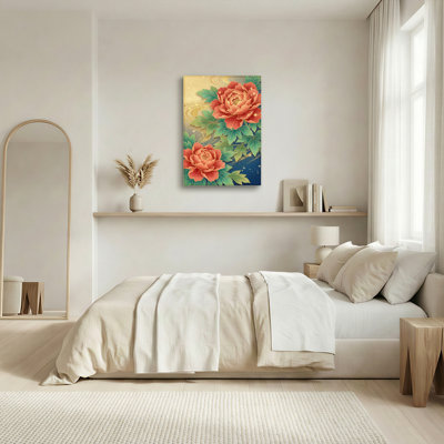Peony Flower And Leaf Pattern With Gold Accents Canvas Wrapped Wall Art Oil Painting Print Set Of 1