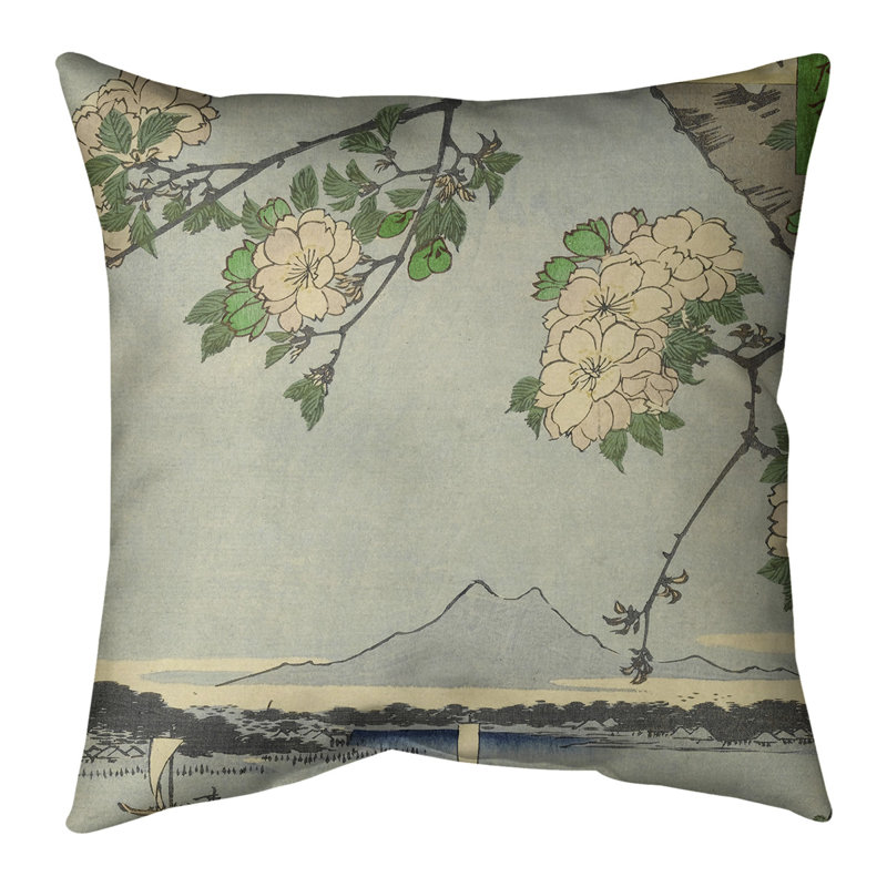 Housse de coussin Utagawa Hiroshige Blossoms Over the River, 14 po x 14 po, Vert / beige / bleu, Bourre en polyester