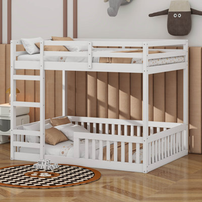 Wood Bunk Bed Full Over Full, Floor Bunk Bed Frame With Ladder And Guardrails