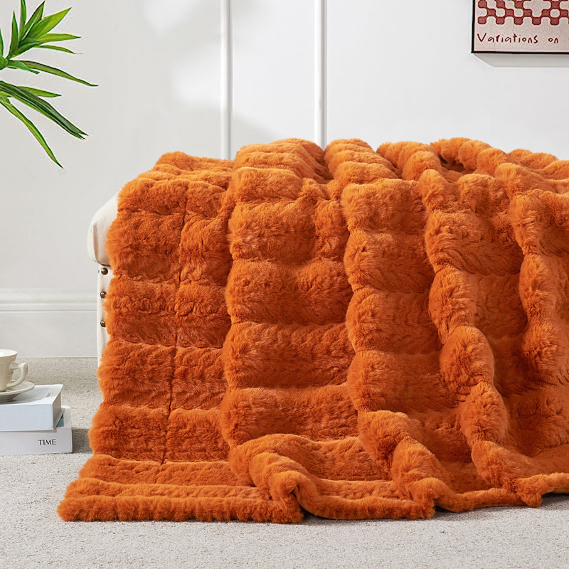 Jeté en fausse fourrure de lapin, Orange brûlé, 50 po x 60 po