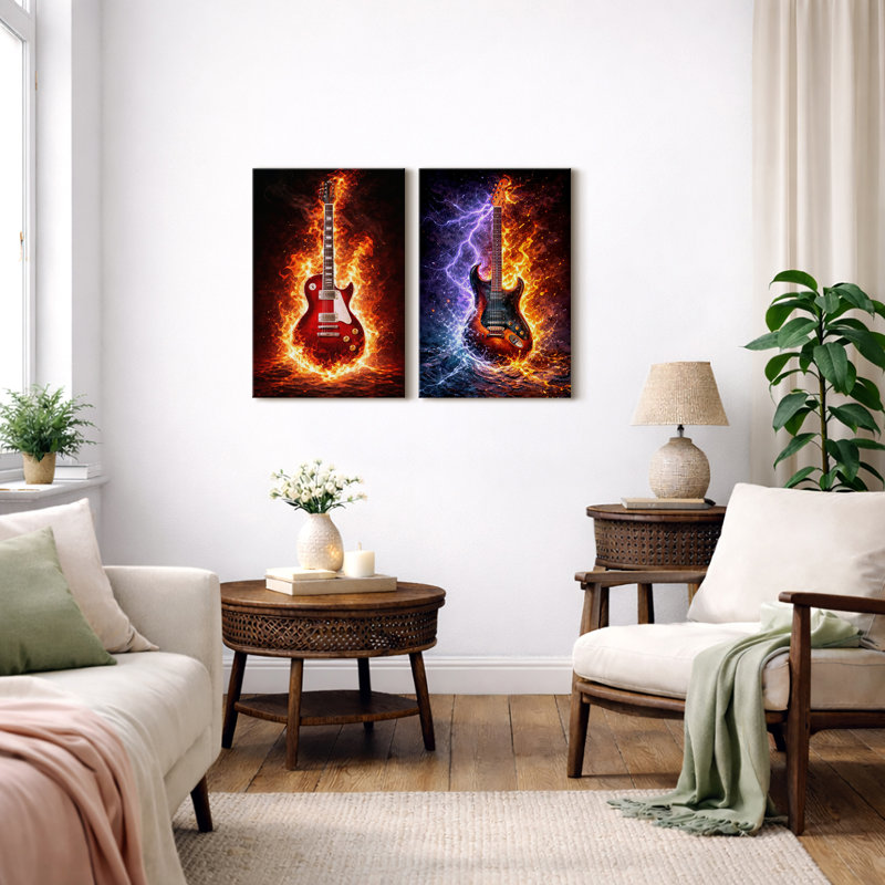Illustration de guitare électrique flamboyante, studio de musique, impression sur toile encadrée, 2 pièces, Toile tendue