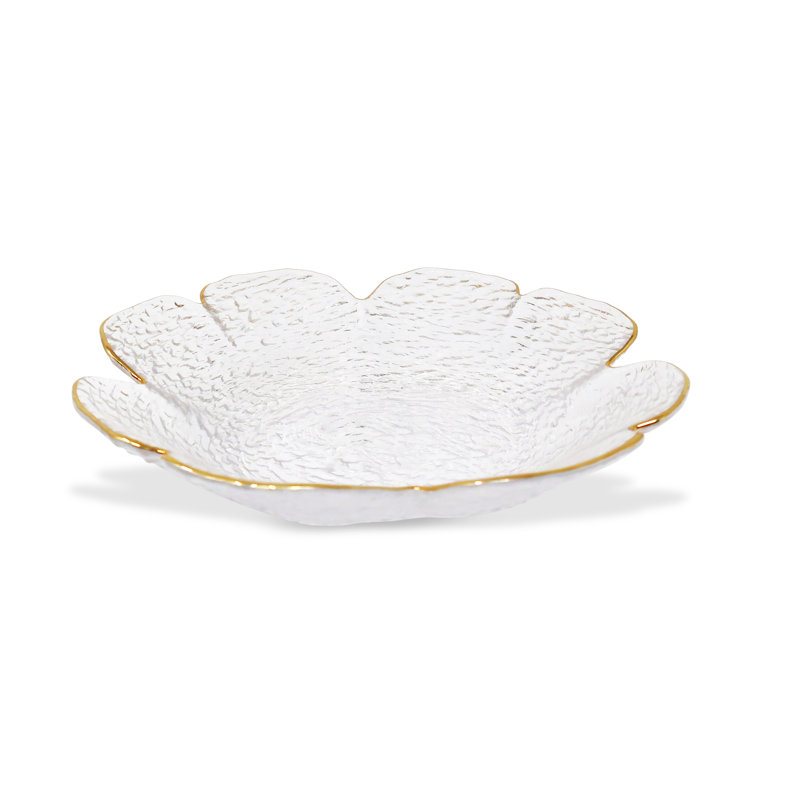 Assiette en forme de fleur Damion avec bordure dorée - P 9,5 po, H 1,5 po x l 7,25 po x P 7,25 po