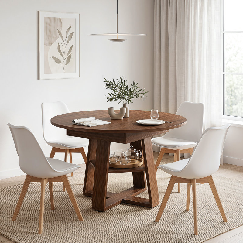 Rohun Round Extendable Modern Kitchen Dining Table Set With 32.8"H Dining Chair, Brown, White