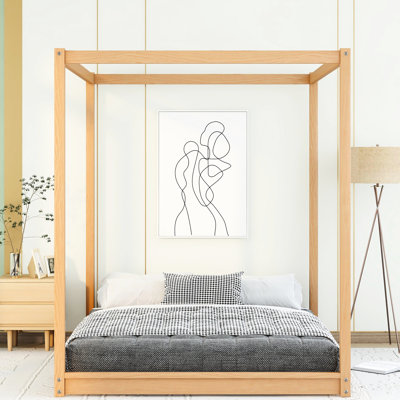 Grand lit plateforme à baldaquin avec pieds de soutien, abat-jour naturel en pin et conception de chambre à coucher moderne, flux d'air sous le lit, matériau de teinte à installation rapide, lattes perméables à l'air, pièce remarquable, assemblage rapide