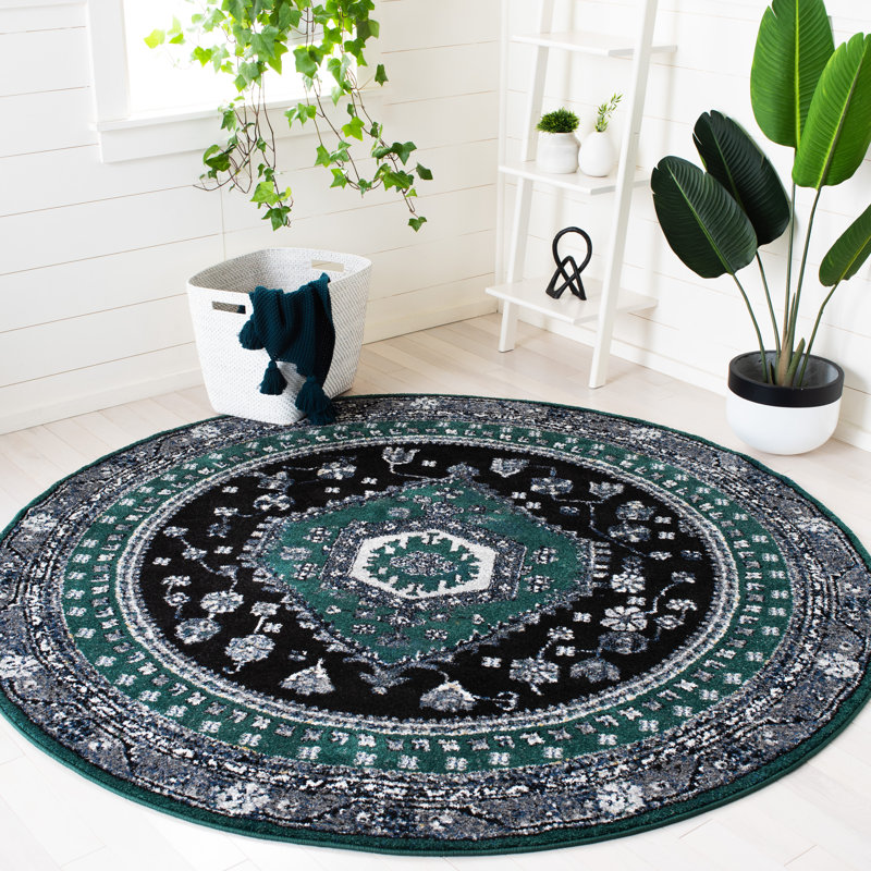 Tapis oriental vert / noir Djenabou, Rond 6 pi 7 po
