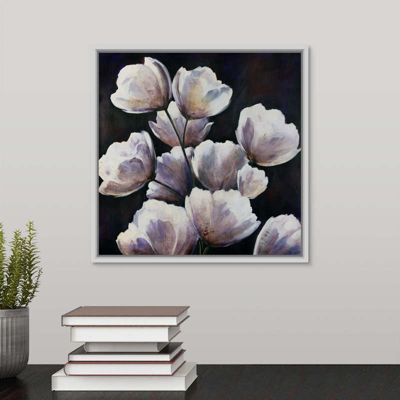 «Wine and Roses», peinture sur toile, H 13,7 po x l 13,7 po x p 1,75 po, Cadre flottant blanc