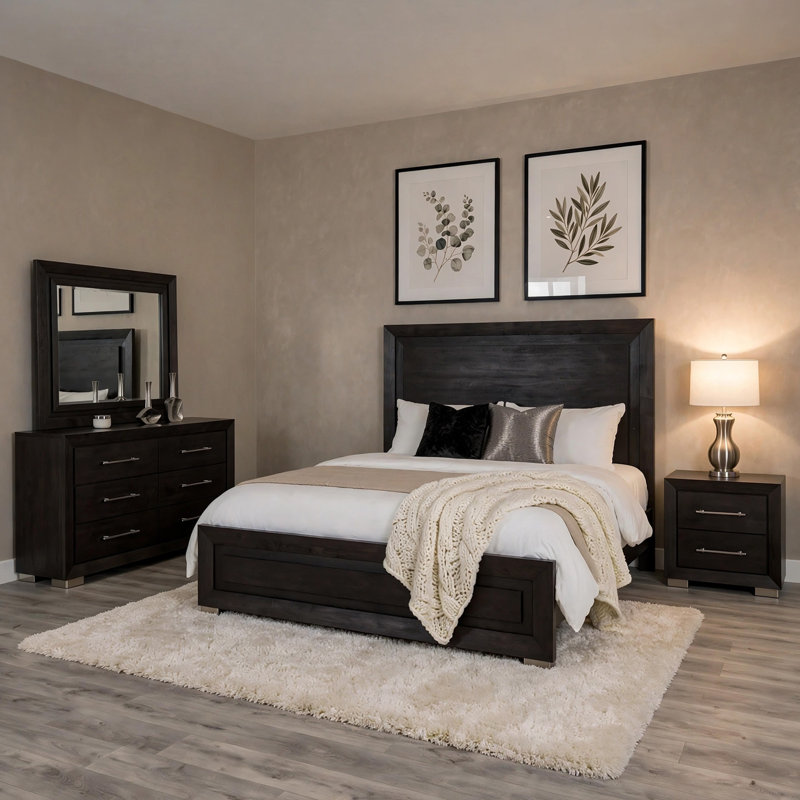 Ensemble de chambre avec grand lit 4 pièces Ashen, tête de lit à DEL et ports USB, noir