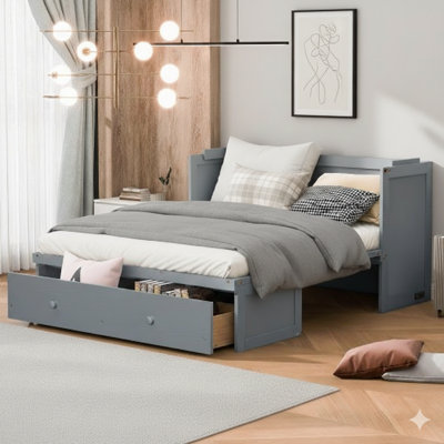 Queen-Sized Murphy Bed Equipped With A USB Port And A Large Drawer, In Gray.