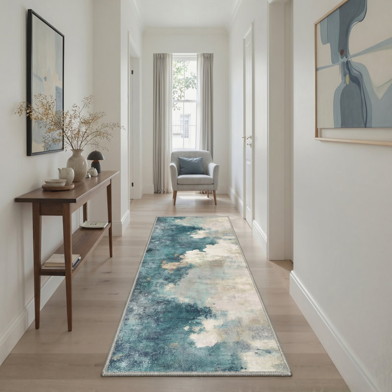 Aquatone Modern Machine Washable Beige / Blue Indoor Area Rug with Non-Slip Backing, Runner 2'3" x 6'