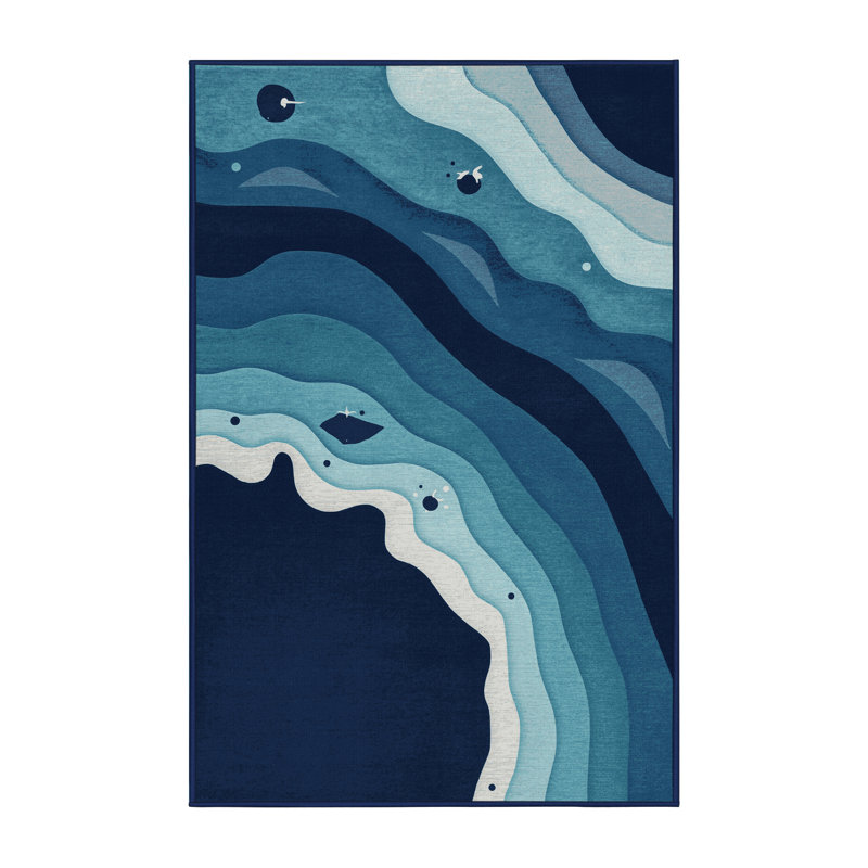 Machine Washable Paret Galapagos Islands Ecuador Contemporary Arc Rug in Blue – Navy Binding, 2x5