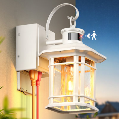 White Motion Sensor Outdoor Wall Lantern Porch Light with GFCI Outlet, 3 Lighting Modes