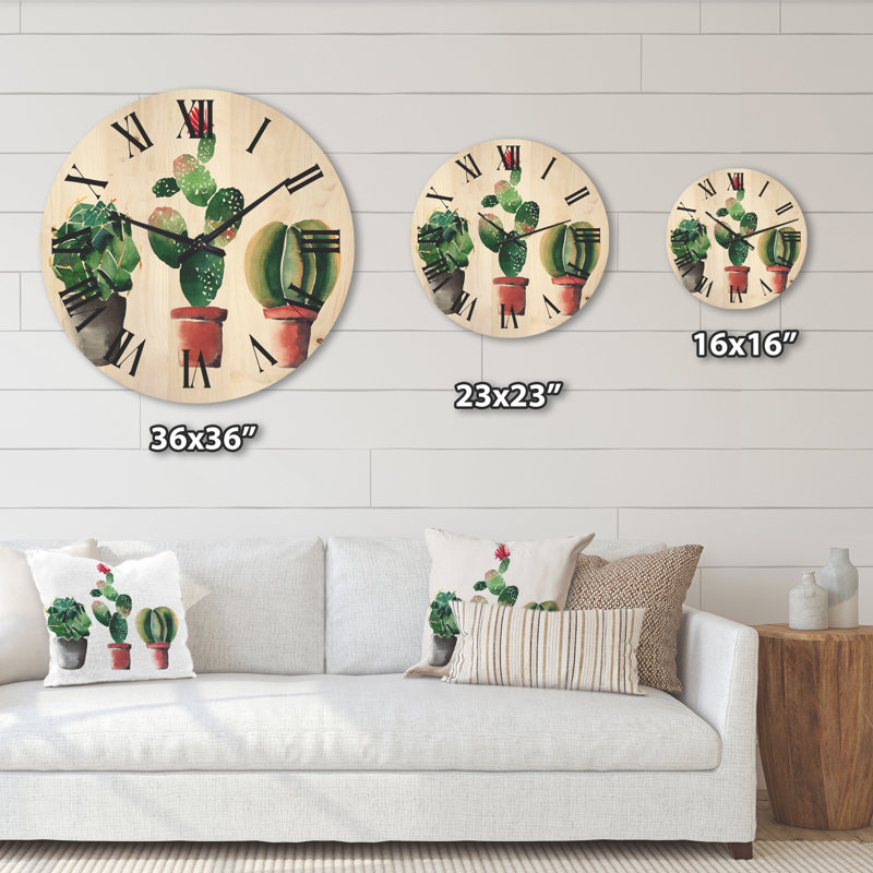 Horloge murale trois cactus en pot d'argile, Très grand