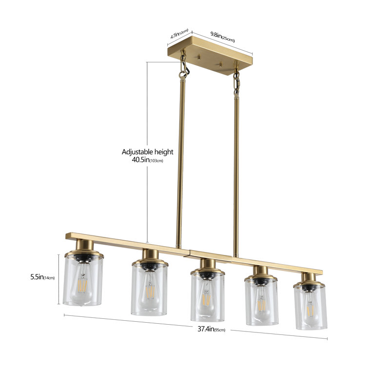 Adjustable 5-Light Industrial Pendant Light with Clear Glass Shades, Gold