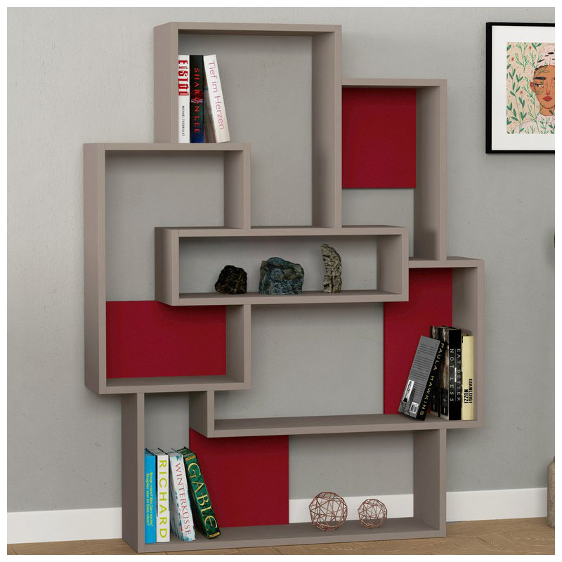 Microscopium Modern Freestanding Bookcase with 6 Asymmetric Compartments 101 x 22 x 132 cm, Light Moca/Burgundy