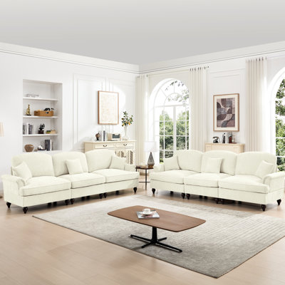 2 Piece Modular Couch , 3 Seater + - Seat , Flared Arms, Removable Ruffles Pleats Skirts, Spindle Legs, Beige White, Soft Chenille Fabric, Segmented , Movable Pillow, Different Arrangements For