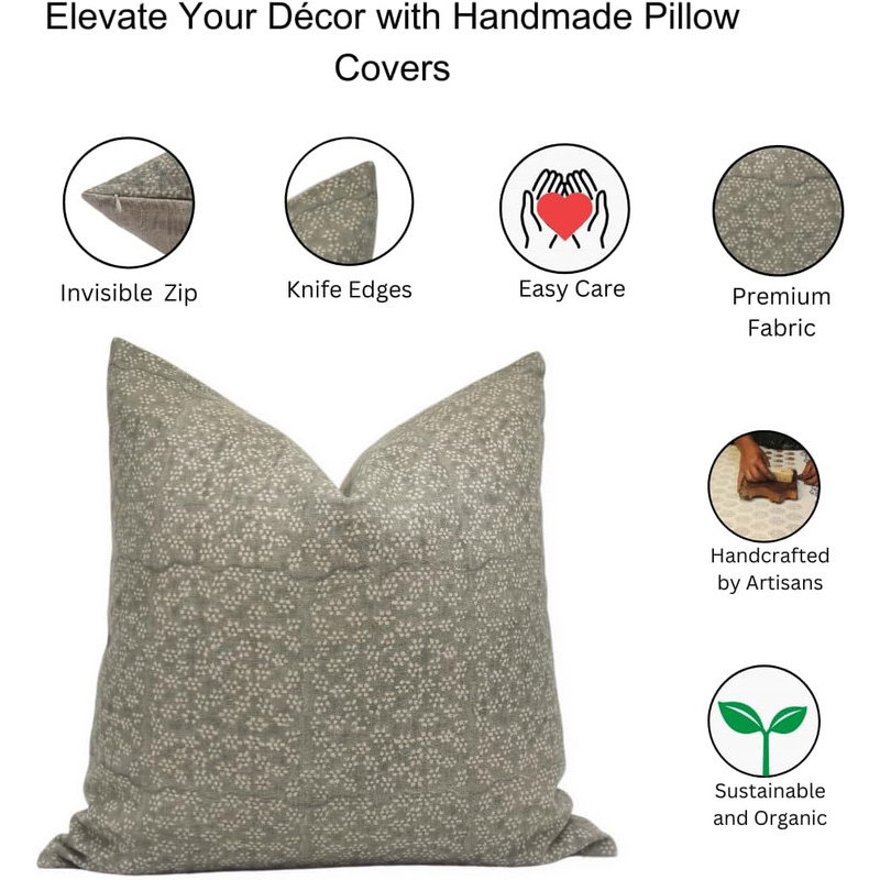 Block Print Throw Pillow Cover OLALGRNTLSquare, 18" x 18"