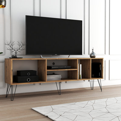 Zenda Modern Rustic TV Stand for Up to 80" TVs Minimalist Media Console with Open Storage, Cable Management & Metal Legs, Oak Wood Finish