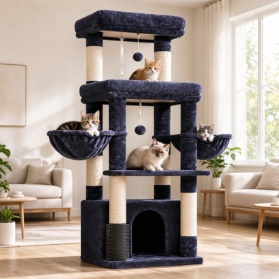 Cat Tree Tower, 130cm Tall with Extra Large Platform, Spacious Cat Condo, 2 Cozy Hammocks & Self-Grooming Brush, for Indoor Adult Cats & Maine Coon, Smoky Grey