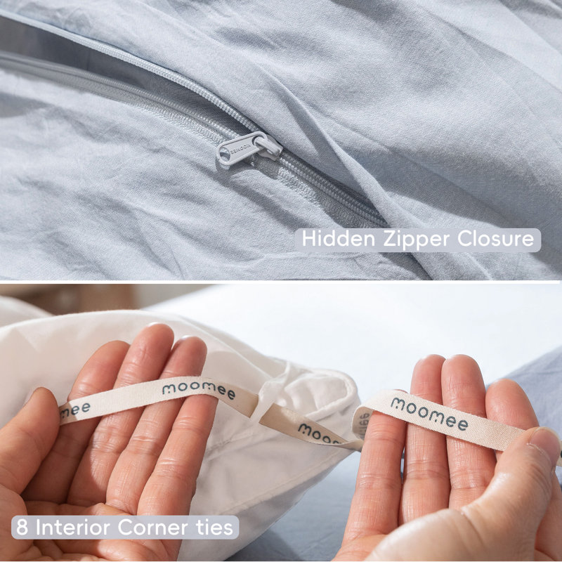 MooMee Lightweight Duvet Cover Set with Zipper Closure 8 Ties 100% Washed Cotton Linen Like Textured Soft Breathable All-Season