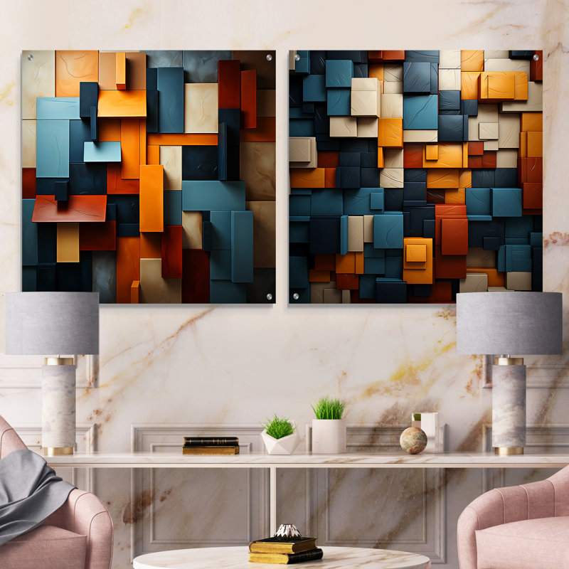 Cubist Harmony Tones Collage - Ensemble de 2 verres muraux en acrylique Cubism, H 36 po x l 73 po