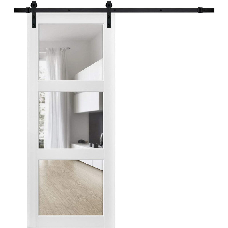 Porte de grange coulissante avec quincaillerie | Lucia 2555 avec verre transparent | Ensemble robuste de cintres 6,6 pi | Portes intérieures Lite Lite
