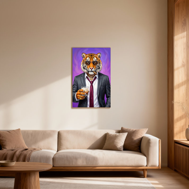 Animaux, tigre en costume avec boisson et cigare, H 18 po x l 12 po