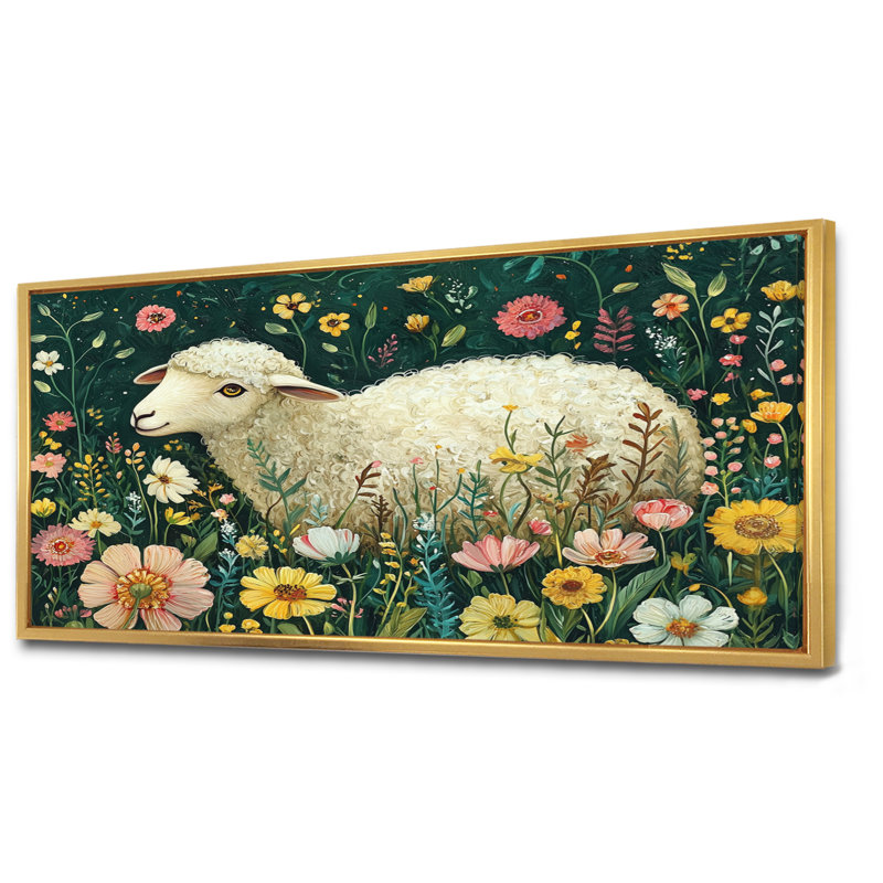 Dott Mignon mouton au printemps II, H 28 po x l 60 po, Impression encadrée flottante, Doré