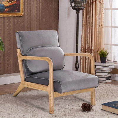 Mid-Century Modern Accent Chair With Wooden Arms, Upholstered Fabric Armchair With Wood Frame, Easy Assembly Arm Chair For Living Room/Bedroom/Reading Room