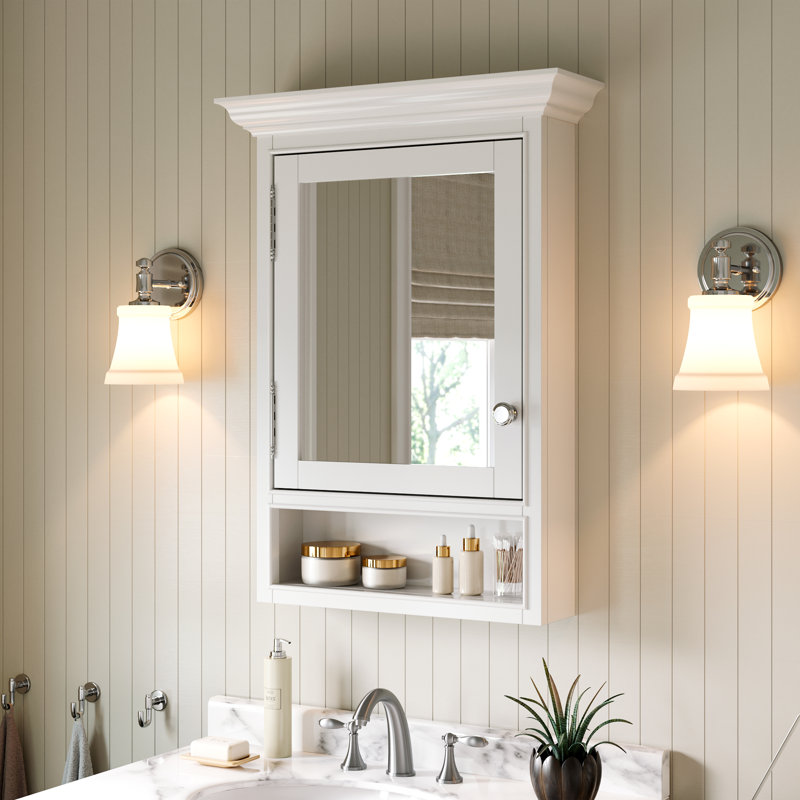 Armoire à miroir murale classique en bois avec rangement Classic, porte à gauche, bois d'hévéa, tablette fixe
