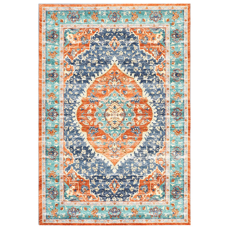 4x6FT Area Rug - Washable Low Pile Boho Rug - Vintage Distressed Non-Slip Carpet for Indoor Floor Decor Red and Blue
