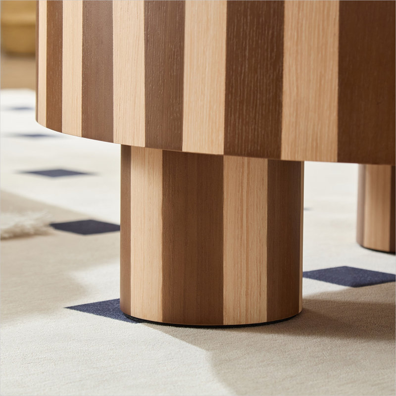 Table basse ronde de 31,5 po, rayure blanc délavé et noyer, plateau en placage de bois naturel, centre de table de salon moderne