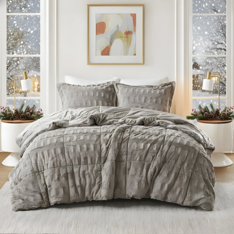 Ensemble d'édredon en imitation fourrure longue avec envers imprimé Gia, Édredon double/grand et 2 taies décoratives, Pes