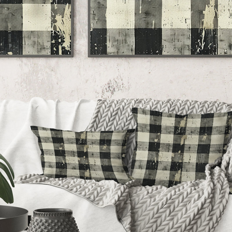 Coussin décoratif noir et gris Gingham II - Mid-Century, H 16 po x l 16 po