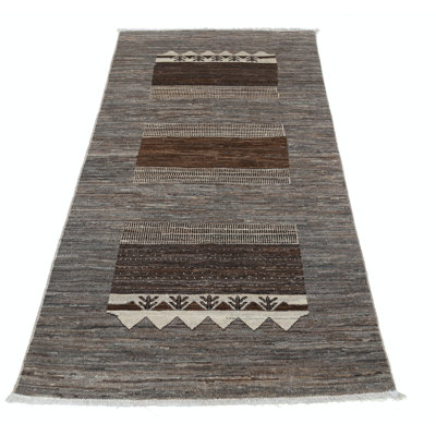 Tapis brun à motif géométrique tribal noué à la main 3,2 pi x 6,5 pi 3,2 po