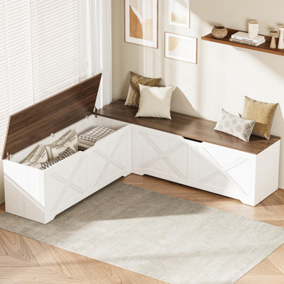 L Shaped Storage Bench, 63" Corner Bench with Storage, Corner Breakfast Nook Bench with 3 Hidden Flip-Top Compartments, Backless Dining Bench for Kitchen, Entryway, Dining Room, Walnut & White