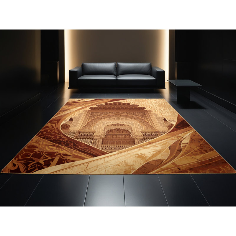 Tapis oriental brun Glamé lavable à la machine Parkwoods - reliure brun clair, 7 x 9