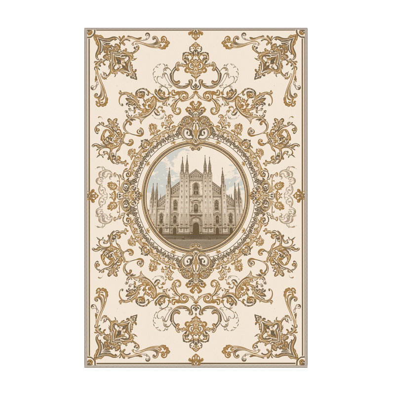 Machine Washable Owan Milan Cathedral Duomo Ornate Traditional Vintage Look Rug in Beige – Beige Binding, 7x9