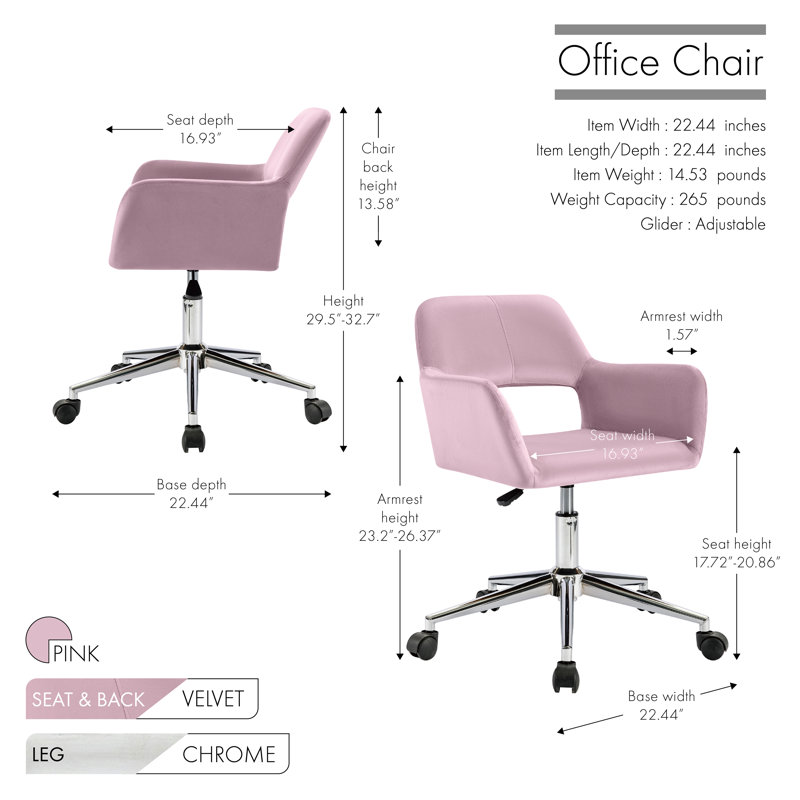 Chaise de bureau en velours Kai, Rose