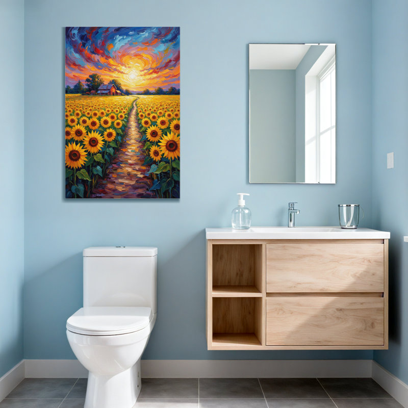 Paysage et nature, champ de tournesols, chemin, coucher de soleil, ciel, grange, arbres, H 30 po x l 20 po