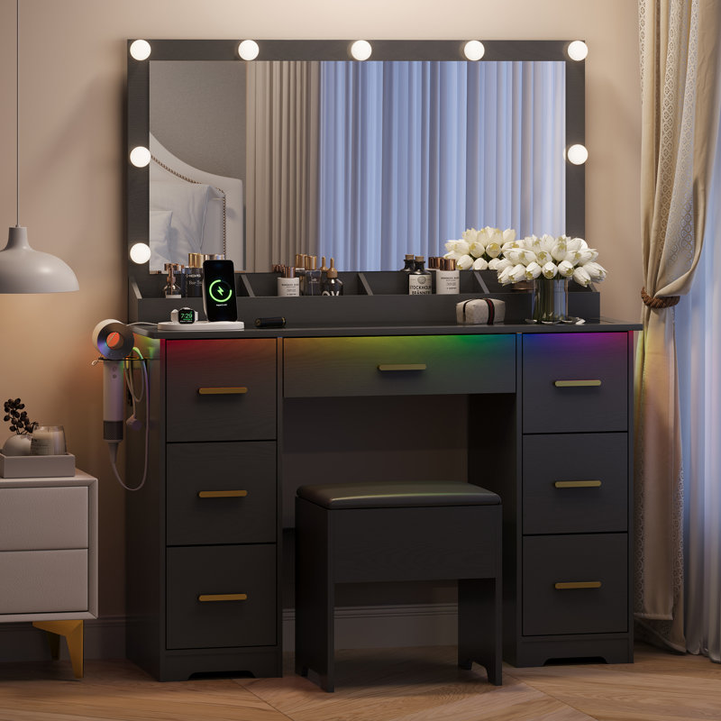 Bureau de coiffeuse avec miroir rectangulaire et lumières, table de coiffeuse avec station de charge, Noir