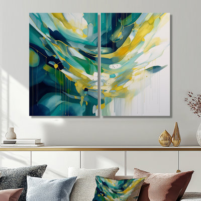 Ensemble de panneaux décoratifs muraux jaunes et turquoises complexes I - formes abstraites