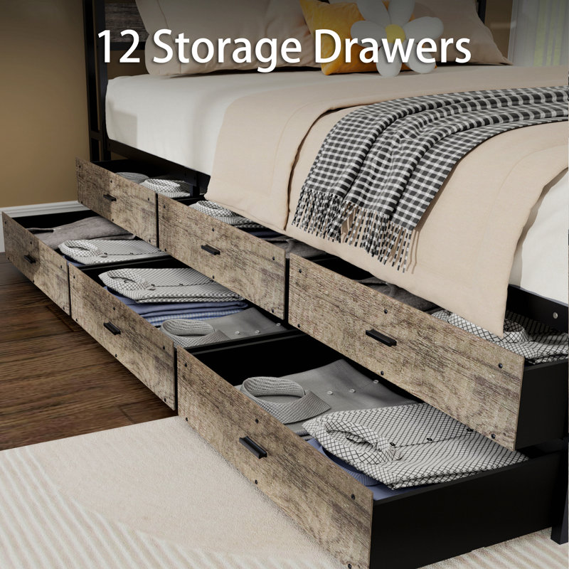 Bed Frame with Storage Headboard and 12 Drawers LED Lights, Queen