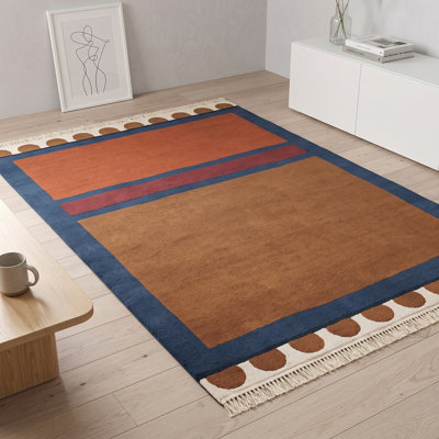 4' x 6' Machine Washable 100% Cotton Bauhaus Color Block Geometric Area Rug in Terracotta/Navy