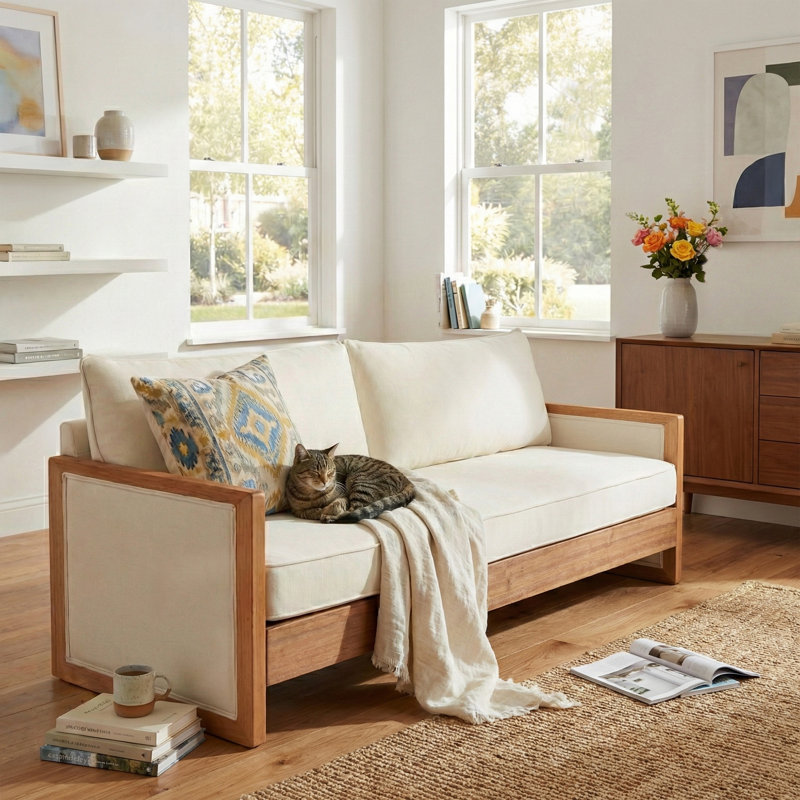 3-Seater Modern Coastal Solid Wood Frame Chenille Sofa with Open Arm Design, Beige