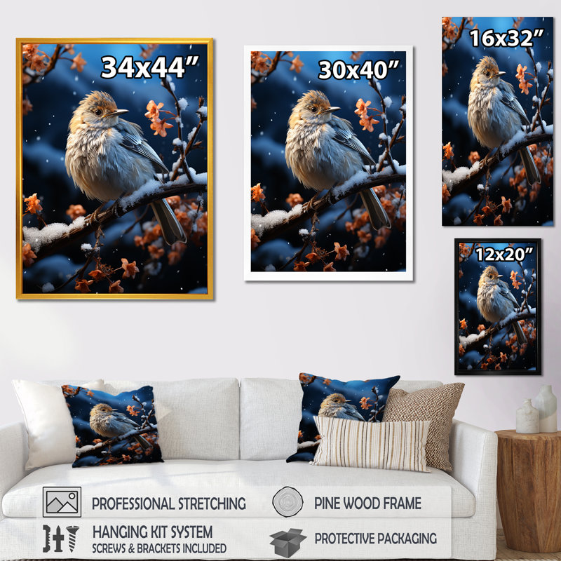 «Winter Bird Serenity I», art mural oiseau, H 32 po x l 24 po x P 1 po, Cadre flottant doré