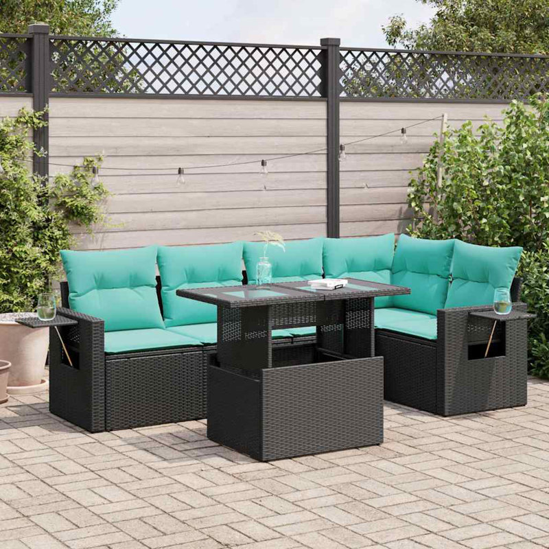  6 Piece Patio Sofa Set With Cushions Poly Rattan Acacia, Black, Green