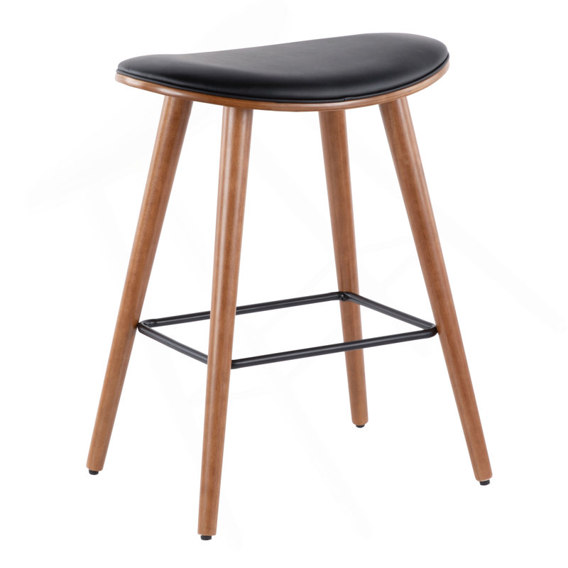 Saddle 26" Mid-Century Modern Counter Stool In Walnut And Black Faux Leather By Lumisource - Set Of 2