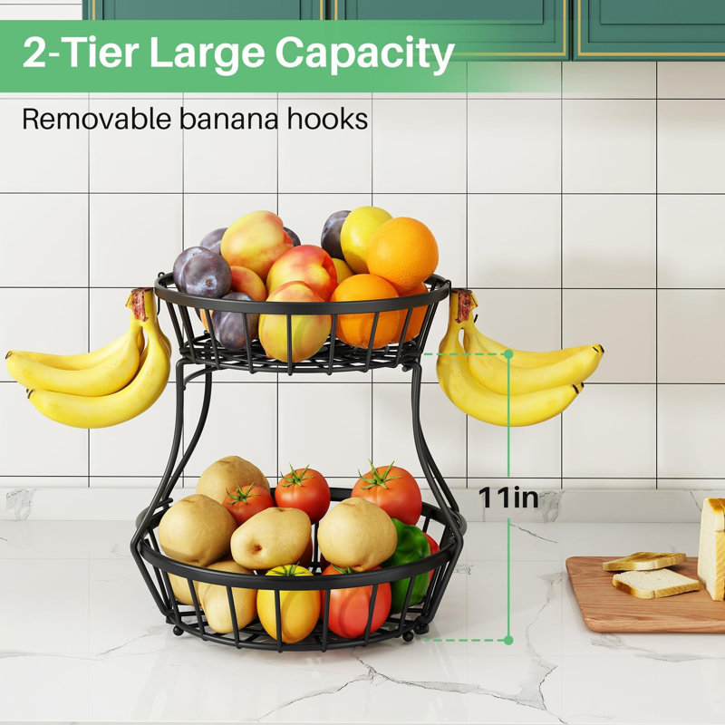 Grand bol à fruits à 2 niveaux pour comptoir de cuisine avec support à banane, rangement pour légumes empilable, grand support en métal pour légumes, oignons, pommes de terre et collation