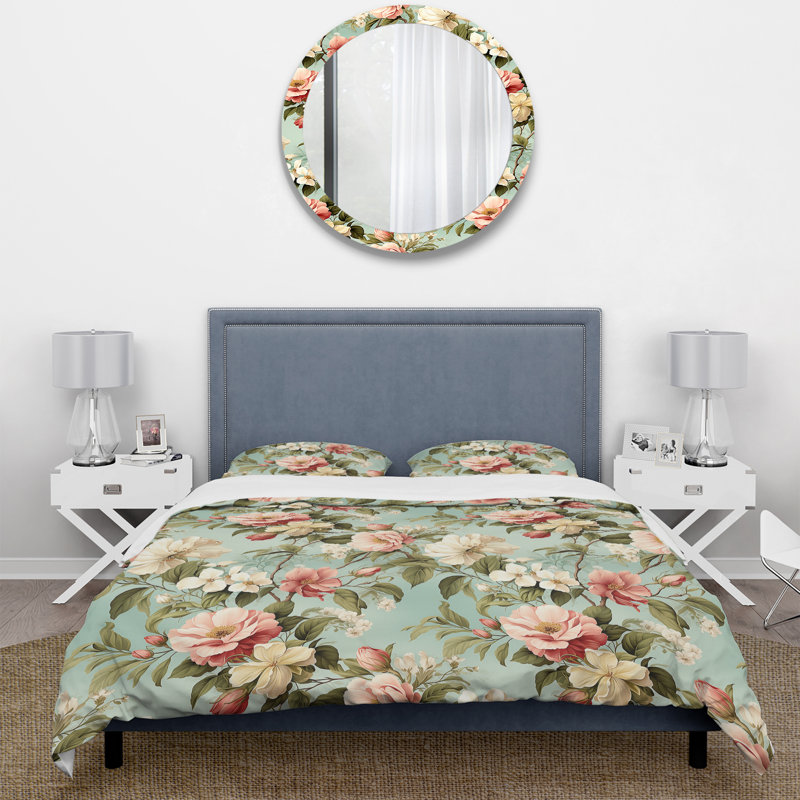 Ensemble de housse de couette floral - motif botanique de pivoines antiques, Housse de couette pour très grand lit et 2 très