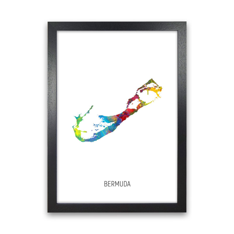 Bermuda Watercolour Map by Michael Tompsett - Print, Black Framed, 88cm H x 64cm W x 3cm D